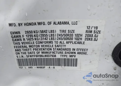 2020 Honda Pilot Awd Touring 8 Passenger из США, поврежденный, VIN 5FNYF6H96LB037938